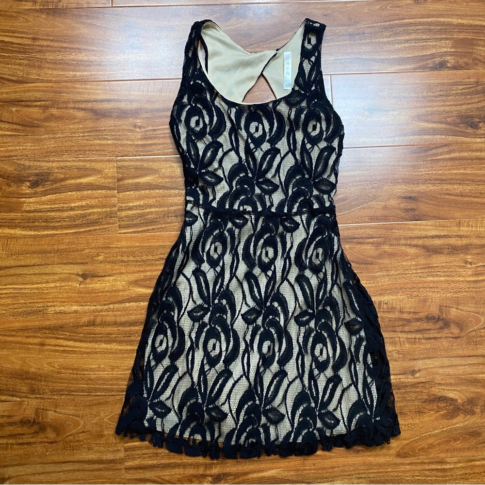 3/$25 HUG Black Lace Nude Lining Back Cutout Fit & Flare Mini Dress Size Small